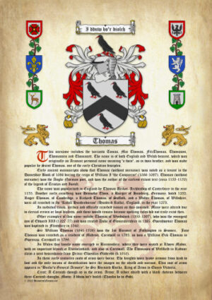 Thomas Surname History (Origin & Meaning) with Coat of Arms (Family Crest) Instant Download (Ancient Parchment)