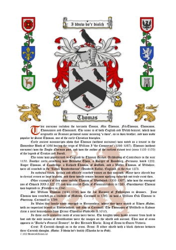 Thomas Surname History (Origin & Meaning) with Coat of Arms (Family Crest) Instant Download (White Background)