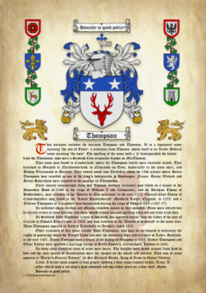 Thompson History (Origin & Meaning) with Coat of Arms (Family Crest) Instant Download (Ancient Parchment)