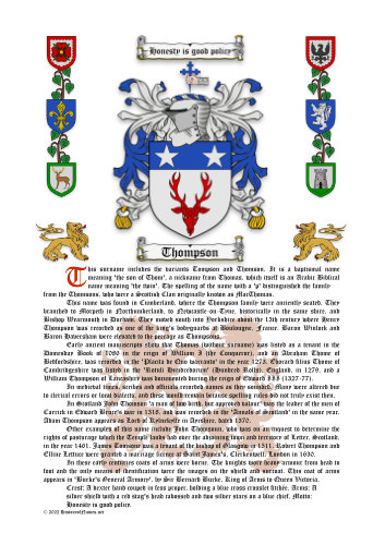 Thompson History (Origin & Meaning) with Coat of Arms (Family Crest) Instant Download (White Background)