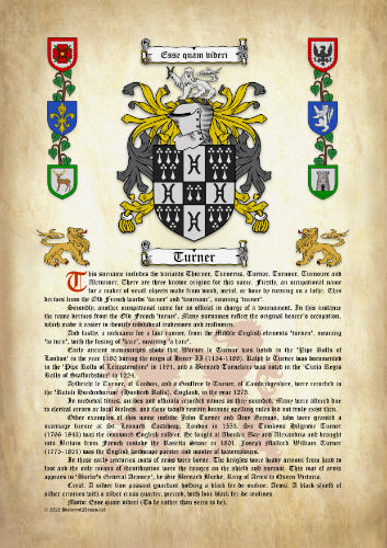 Turner Surname History (Origin & Meaning) with Coat of Arms (Family Crest) Instant Download (Ancient Parchment)
