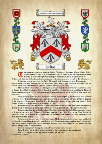 Walsh History (Origin & Meaning) with Coat of Arms (Family Crest) Instant Download (Ancient Parchment)