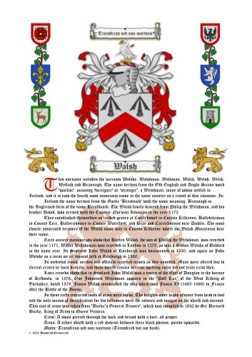 Walsh History (Origin & Meaning) with Coat of Arms (Family Crest) Instant Download (White Background)