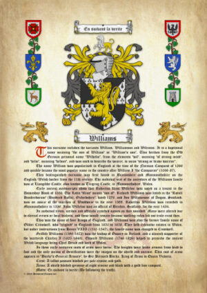 Williams History (Origin & Meaning) with Coat of Arms (Family Crest) Instant Download (Ancient Parchment)