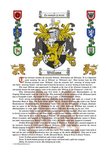 Williams History (Origin & Meaning) with Coat of Arms (Family Crest) Instant Download (White Background)