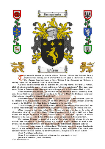 Wilson Surname History (Origin & Meaning) with Coat of Arms (Family Crest) Instant Download (White Background)