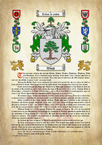 Wood Surname History (Origin & Meaning) with Coat of Arms (Family Crest) Instant Download (Ancient Parchment)