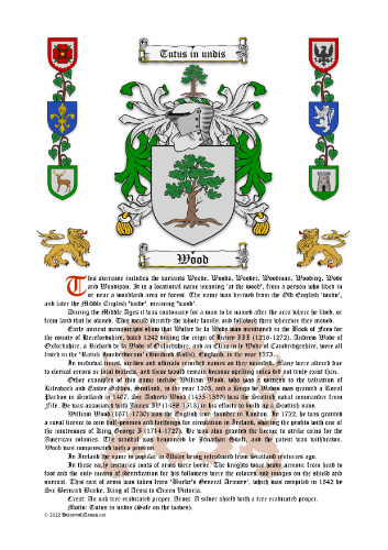 Wood Surname History (Origin & Meaning) with Coat of Arms (Family Crest) Instant Download (White Background)