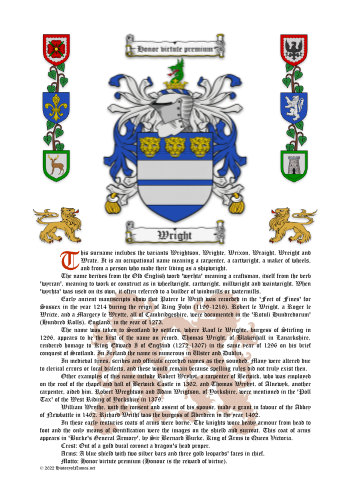 Wright History (Origin & Meaning) with Coat of Arms (Family Crest) Instant Download (White Background)